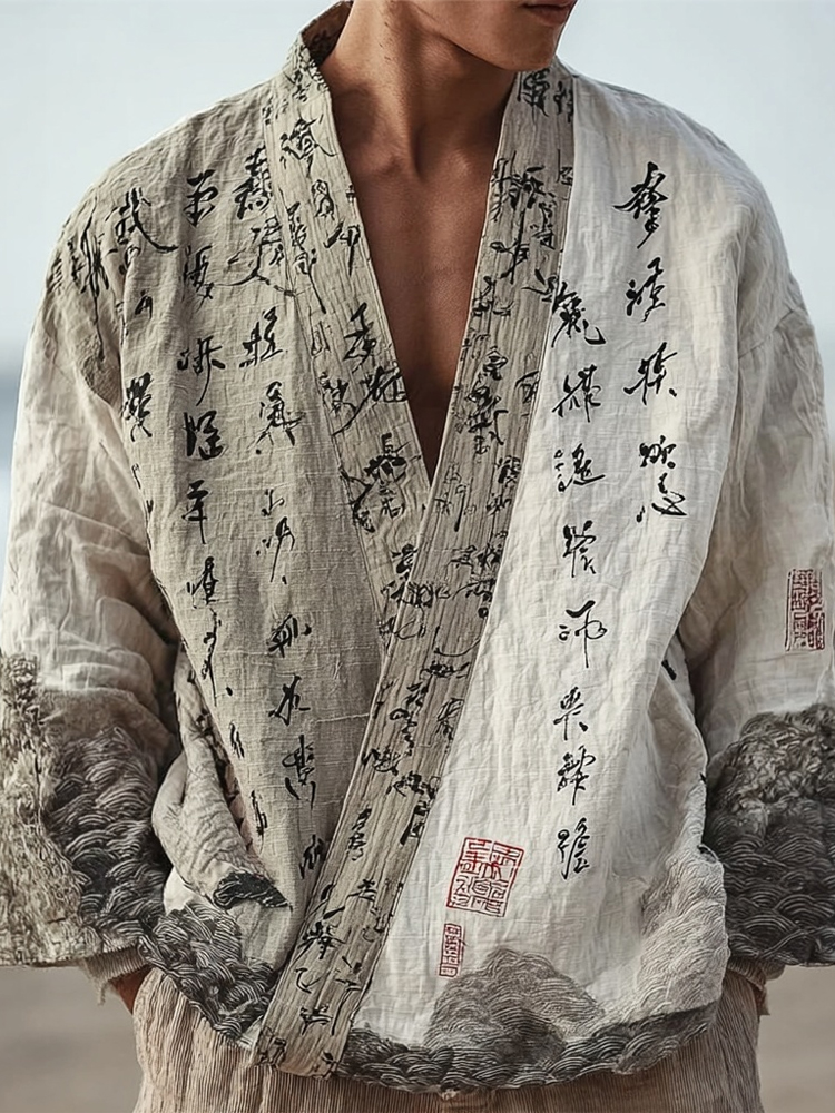 Men's Japanese Landscape Calligraphy Art Contrast Linen Kimono  artssus