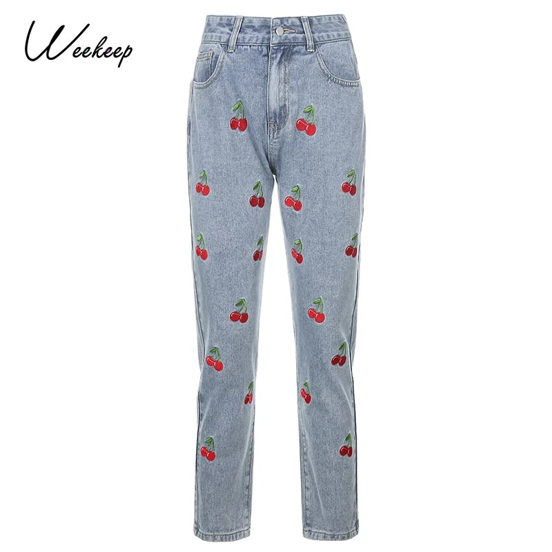 Weekeep Cherry Embroidery Fashion Vintage Jeans 2021 High Waist Streetwear Cargo Trousers Casual Skinny Woman Denim Pencil Pants