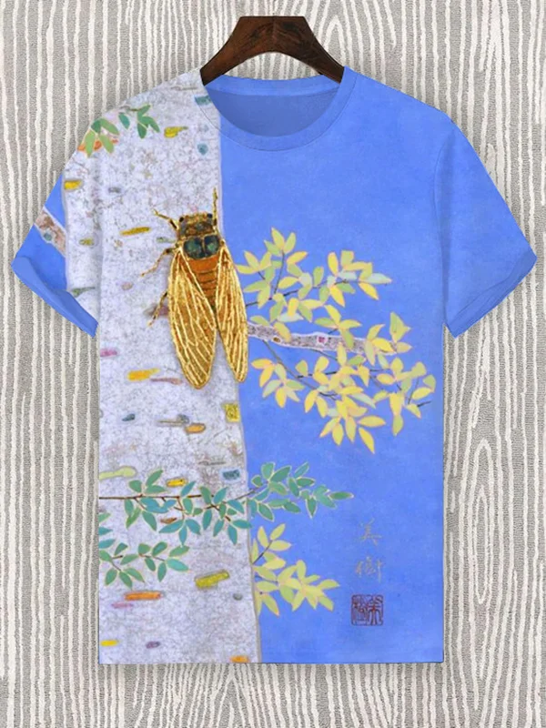 Men's Summer Cicada Botanical Color Block Art Print Short Sleeve T-Shirt