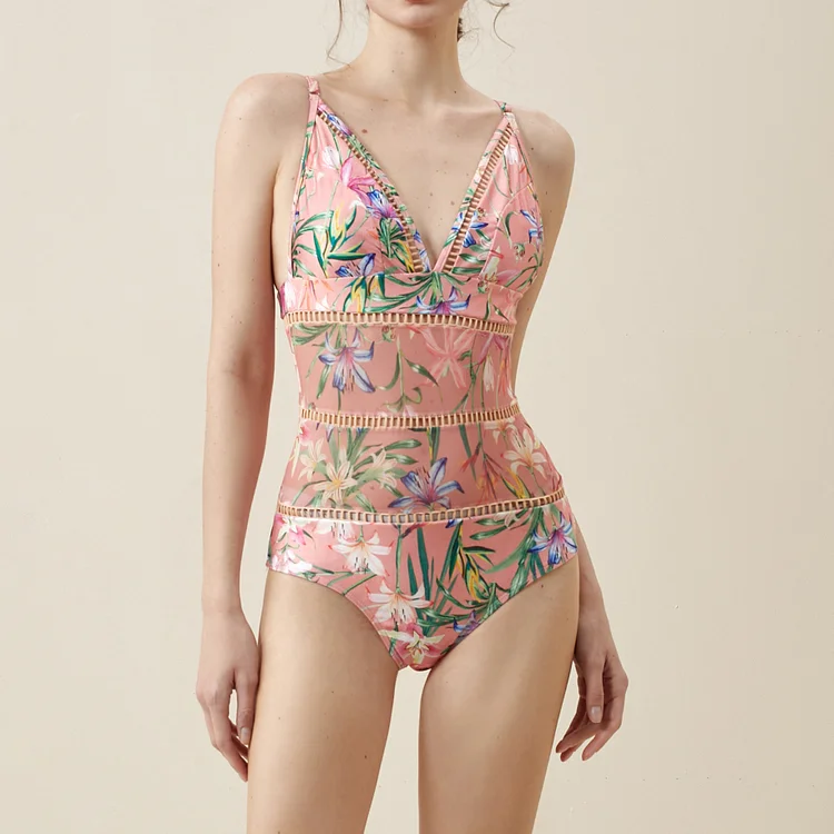 French retro one-piece swimsuit pink printed sexy and elegant vacation suit VOCOSI VOCOSI