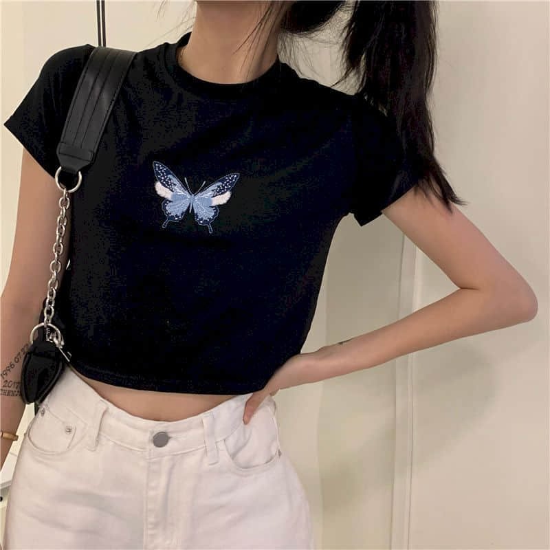 Short T Shirt Women Tshirt New Butterfly Short-sleeved T-shirt Students Korean Bf Windclothes Trend Punk Goth Clothes  Y2k Top