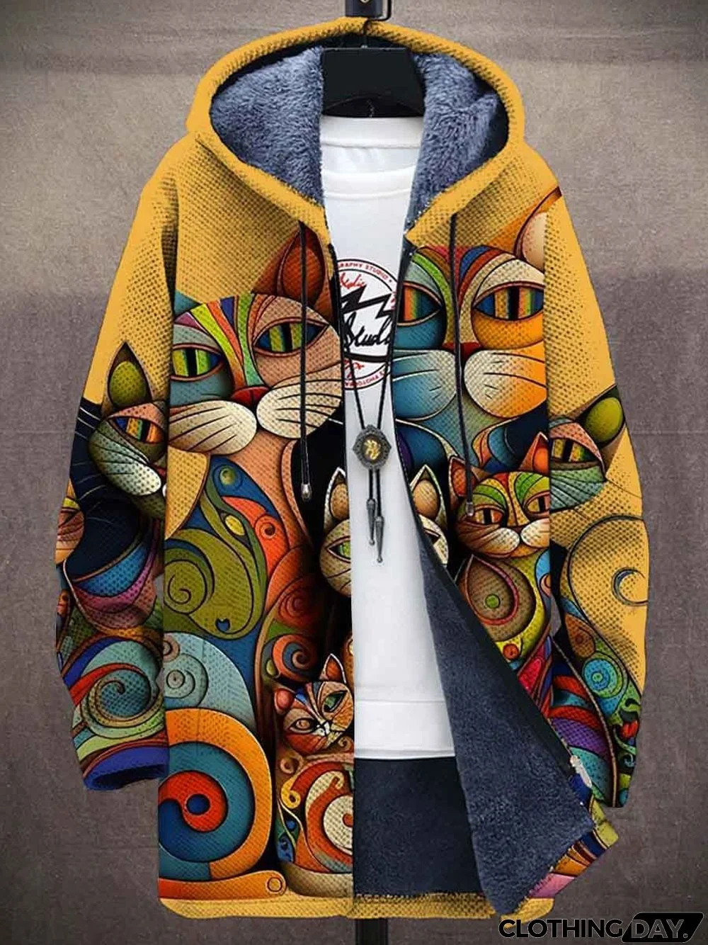 Cat Abstract Art Unisex Plush Thick Long-Sleeved Print Sweater Cardigan Coat