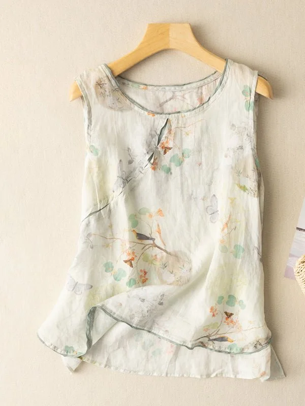 Loose Casual Vintage Printed Sleeveless Linen Vest