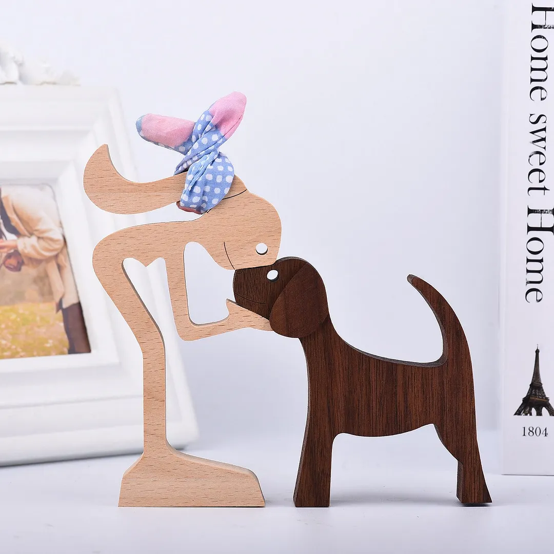 Family Puppy Wood Dog Craft Figurine Desktop Table Ornament Carving Model Creative Home Office Decoration Love Pet Dropshipping