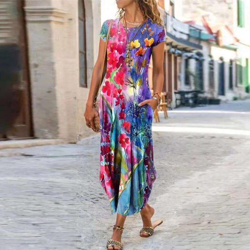 Vintage Dresses for Women Summer Casual Floral Print Long Dresses Bohemian Short Sleeve O Neck Slim Ladies Party Dress Vestidos