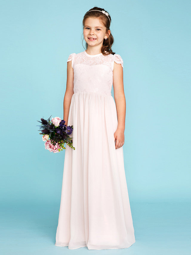 Oknass Princess A-Line Crew Neck Floor Length Chiffon Lace Junior Bridesmaid Dress With Buttons Wedding Party See Through