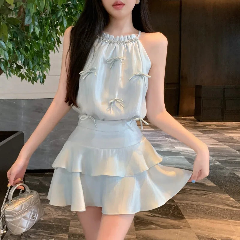 Aiertu Fashion Temperament Bow Diamond Hanging Neck Top Satin Cake Skirt Two-piece Set Women Shirring Off Shoulder Solid Sweet Wear New Aiertu