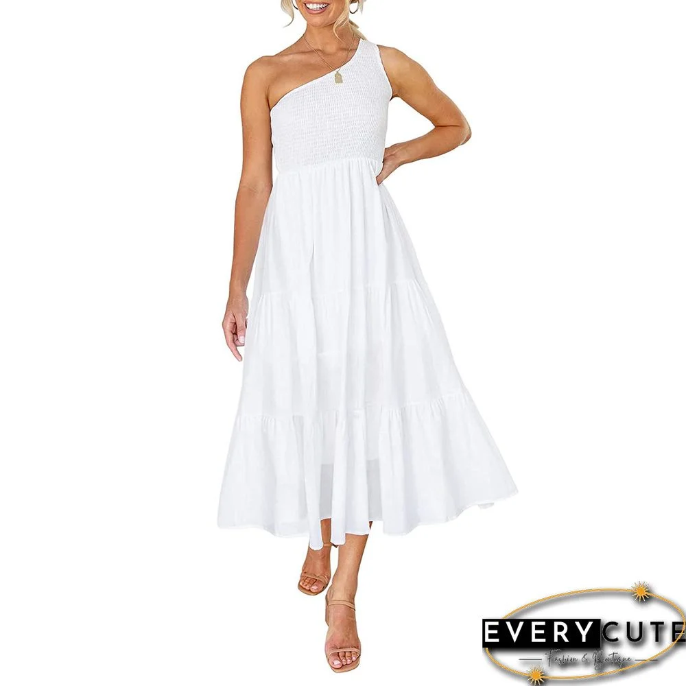White One-shoulder Swing Holiday Casual Dress