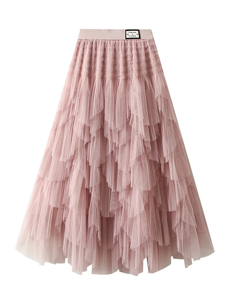 Elegant Solid Color Elastic Waist Puffy Tiered Skirt