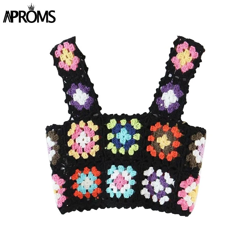 Aproms Elegant Multi Color Handmade Crochet Tank Tops Women Summer Casual Square Neck Flower Camis High Fashion Cropped Top 2022