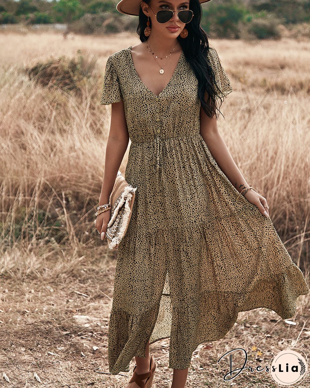 Polka Dot V Neck Side Split Button Up Midi Dress