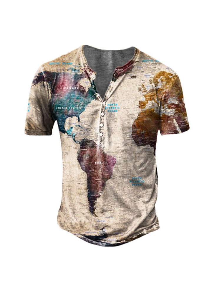 Men's Unisex T shirt Tee Henley Shirt Map Graphic Prints Henley Green Blue Rainbow Light Blue 3D Print Outdoor Street Short Sleeve Button-Down Print Clothing Apparel Basic Sports Fashion Designer