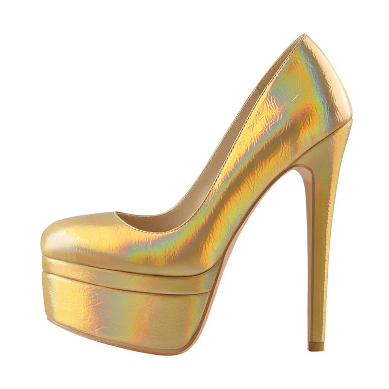 Onlymaker Women Colorful Round Toe 16CM High Heel Platform Stiletto Slip On Pumps For Party Dressing Gold and Silver Shoes