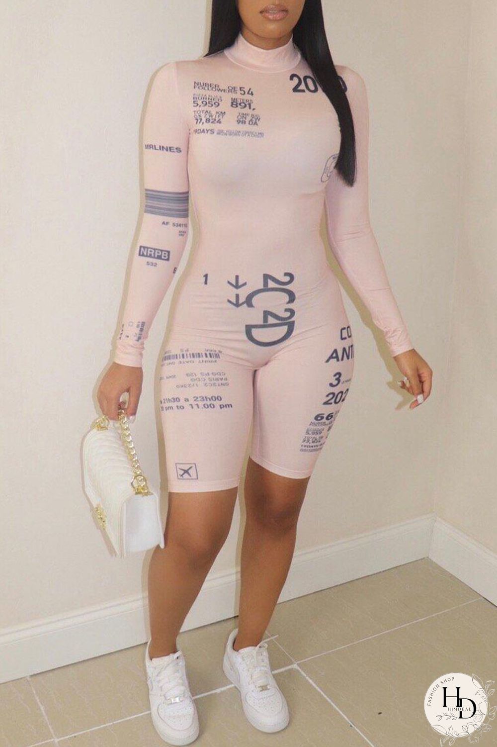 Light Pink Sportswear Print O Neck Skinny Jumpsuits