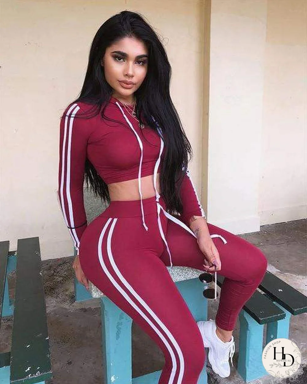 Fitness Casual 2 Piece Set Tracksuit Women Side Striped Hoodies Cropped Tops and Pants Jogger Two Piece Outfits Chandal Mujer