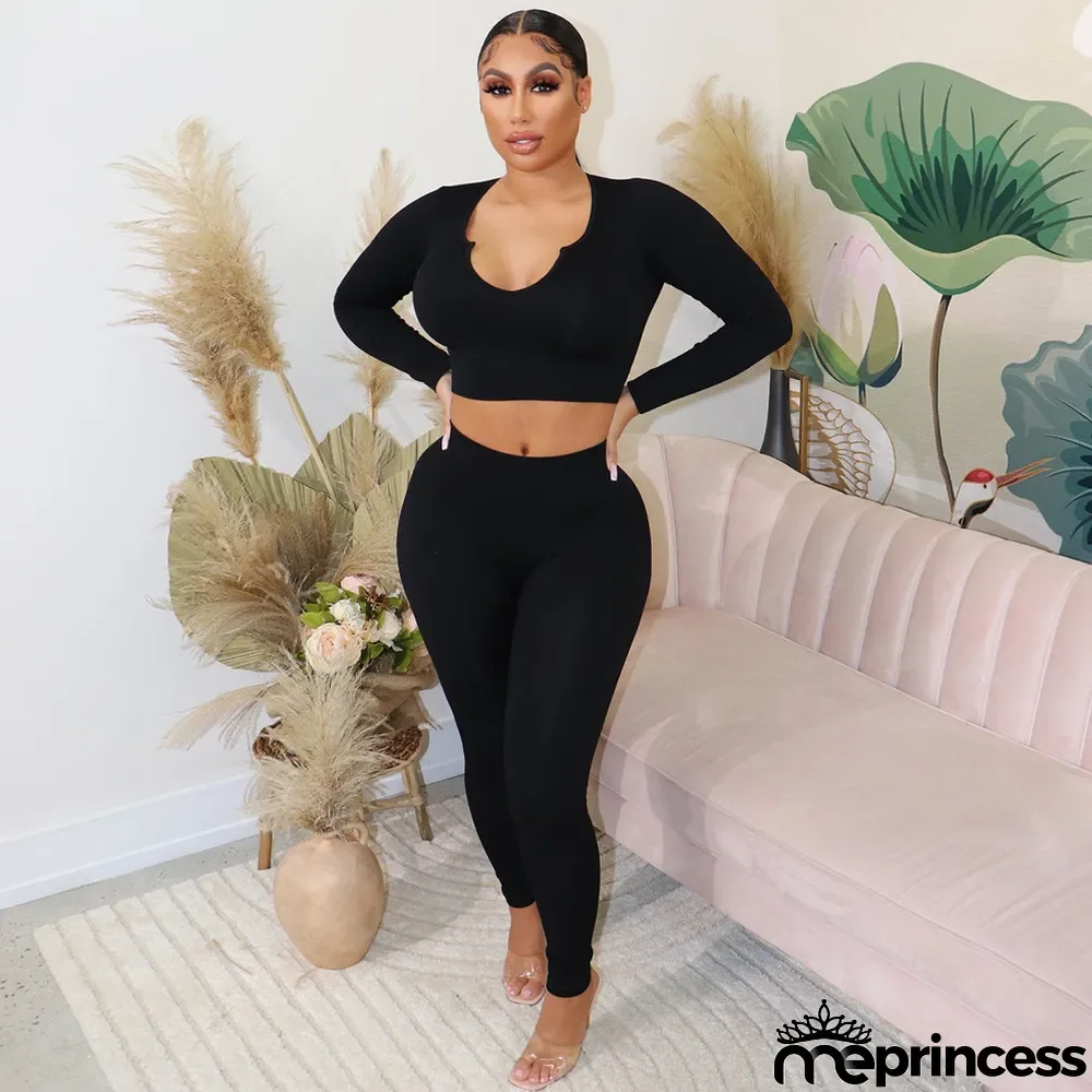 Casual Round Neck Long Sleeve Knitting Top Ribbed Pencil Pants Women Two Piece Set