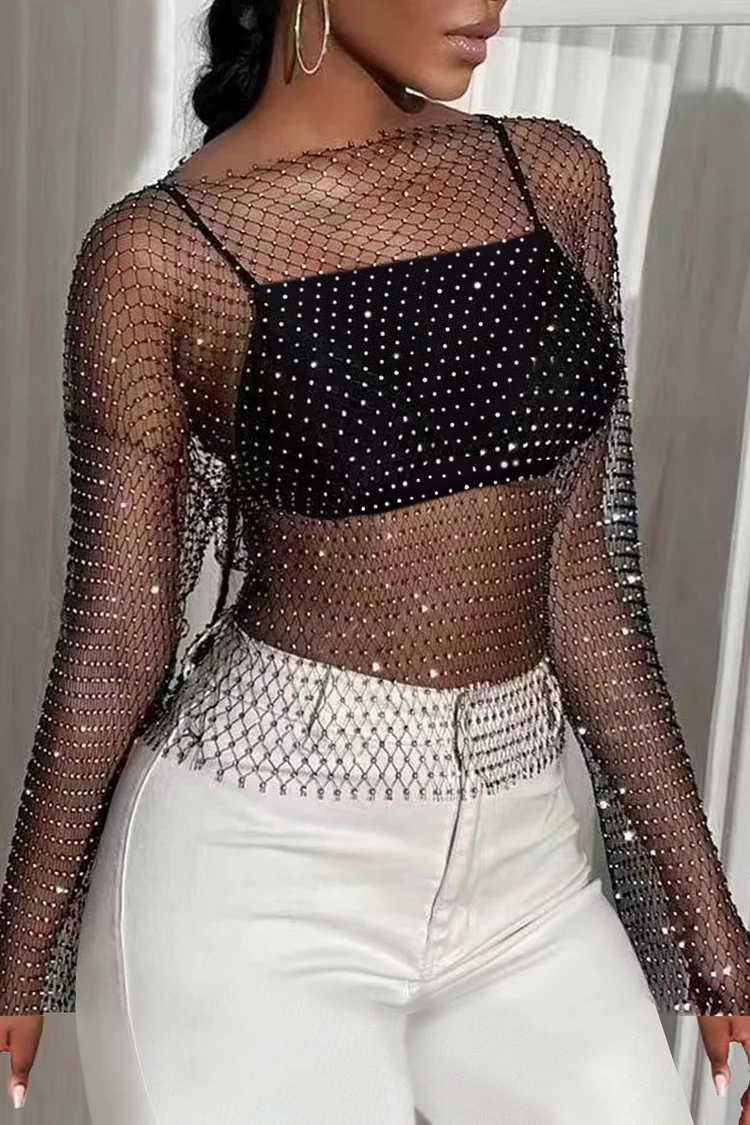 Plus Size Black Party See-through Mesh Long Sleeve Blouses 