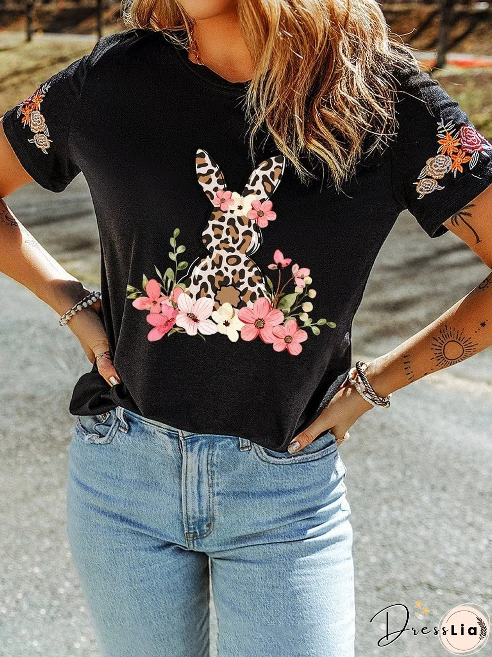 Elegant Black Easter Bunny Floral Embroidered Tee