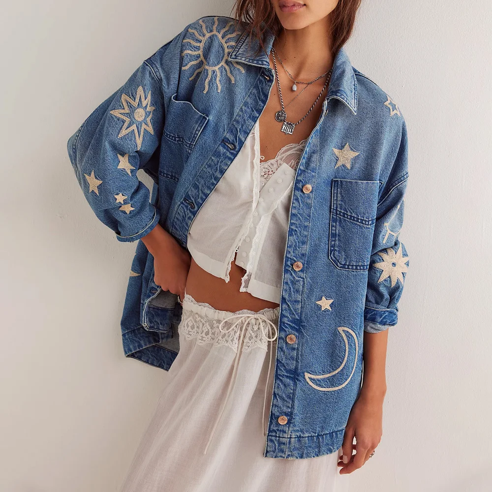 Women's Loose Casual Retro Embroidered Denim Jacket