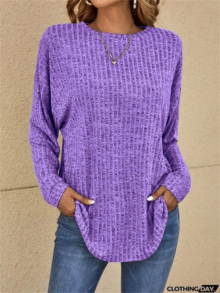 Autumn Knitted Round Neck Ribbed Long Sleeve Loose Tops