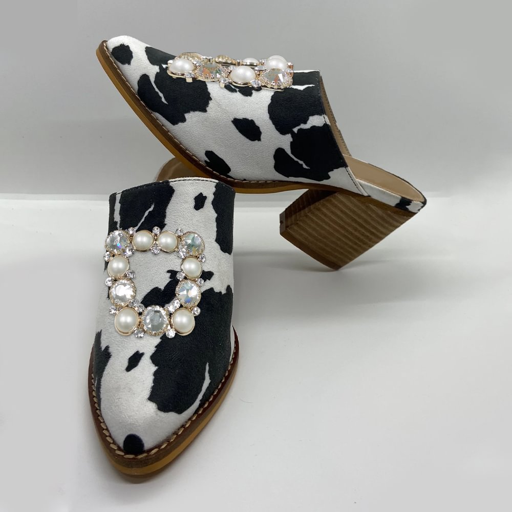 Black & White Cow Suede Pointed Toe Mules With Square Pearl Decor Chunky Heels Nicepairs