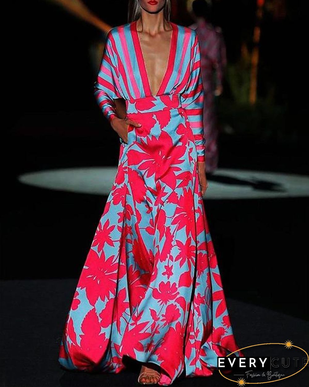 Women V-neck Elegant Boho Print Maxi Dress