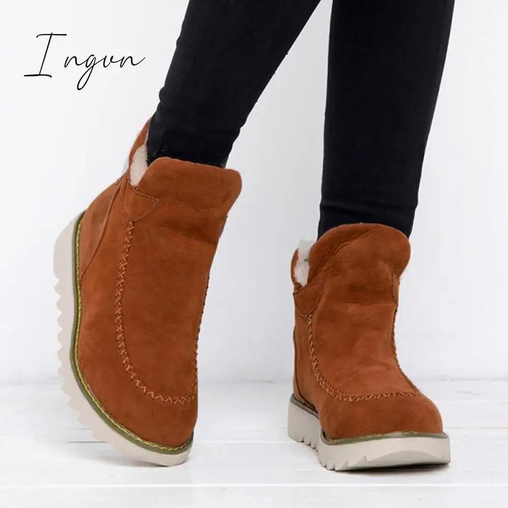 Ingvn - Fur Lining Ankle Snow Boots Brown / 5