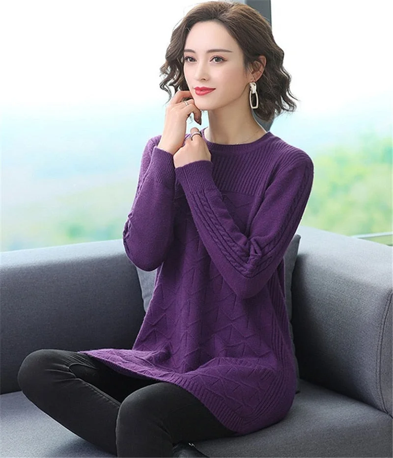 Autumn Winter Women Knit Sweater Pullover Mid-length Solid Long Sleeve  Sweater Loose Knit Bottoming Shirt Female Plus Size T326