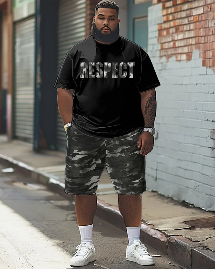 Men's Plus Size Respect Camouflage Print T-Shirt Shorts Suit