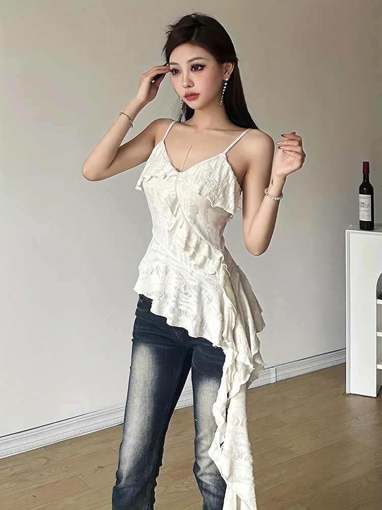 Trendy Asymmetric Spaghetti Strap Camisole | Women's Unique Rippled Ruffle Sleeveless Fashionable Tank Top With Distressed Detail