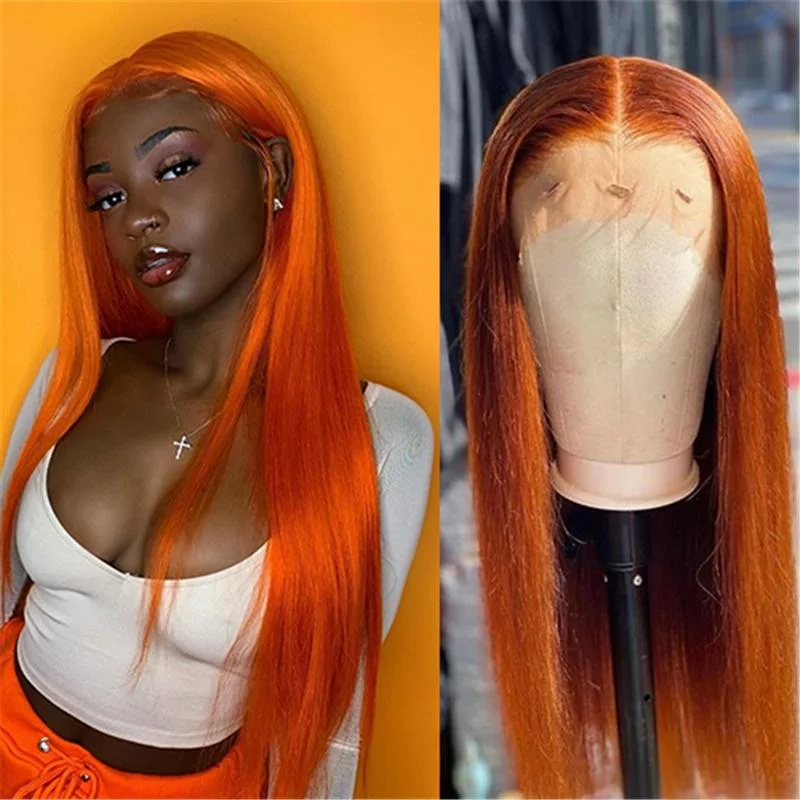 13X4 / T Part / 4X4 Ginger Orange Transparent Lace Front Wigs Long Straight Hair Pre Plucked With Baby Hair
