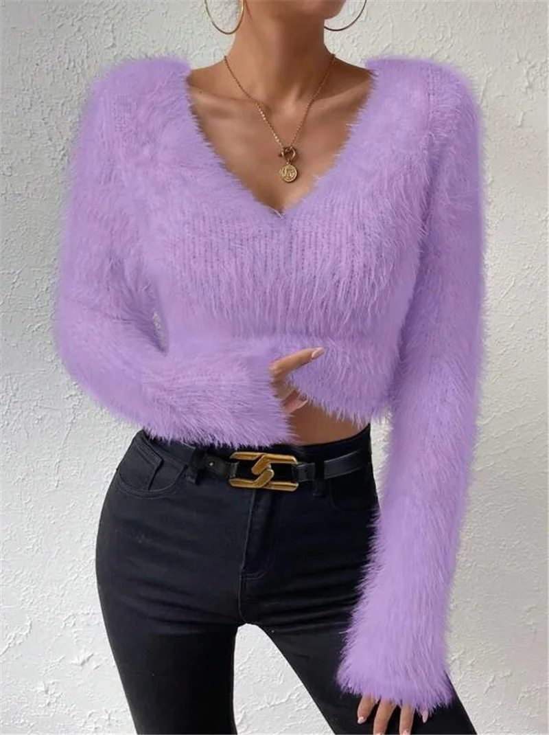 Athvotar Athvotar And Winter New Solid Color V-Neck Repair With Plush Short Lady Sweater