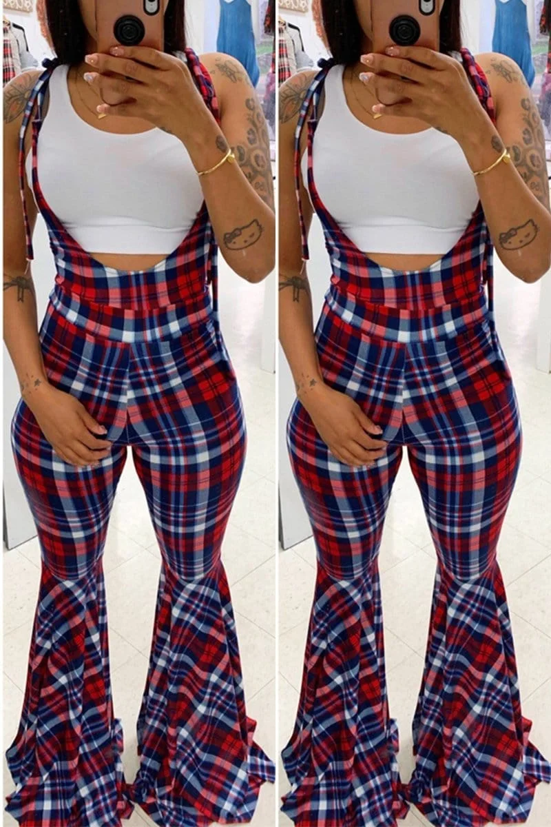 Fashion Casual Check Print Flared Jumpsuit