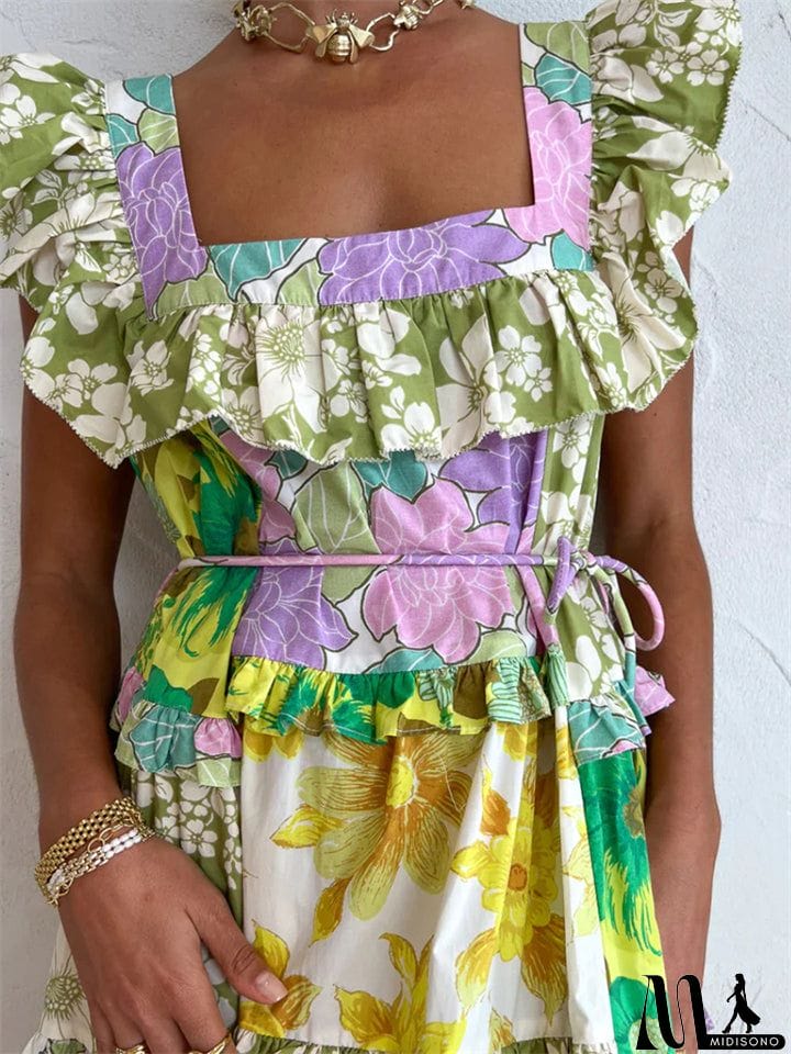 MidiSono - Women's Fashion Square Neck Sleeveless Multicolor Splicing Dress