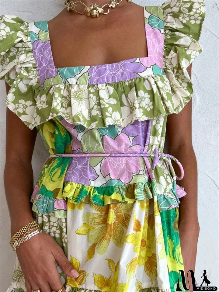 MidiSono - Women's Fashion Square Neck Sleeveless Multicolor Splicing Dress