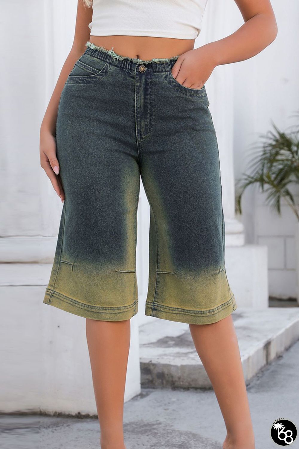 Casual Vintage Gradient Make Old Patchwork Pocket Buttons Zipper Mid Waist Loose Denim Shorts | 168DEAL