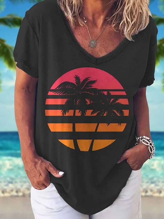 V-Neck Palm Tree Print Short Sleeve T-Shirt