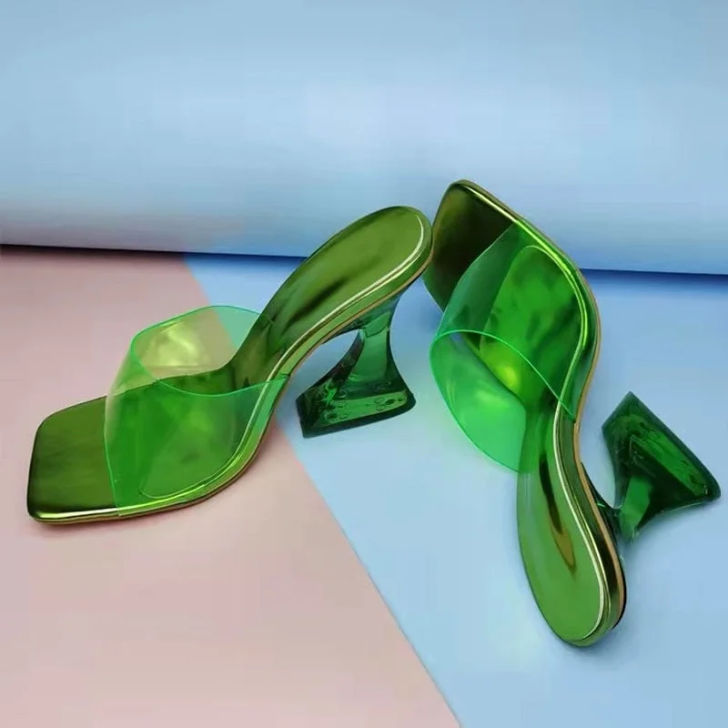 2022 New Clear Slippers Women Heels Sexy Square Toe High Heeled Shoes Fashion Green PVC Transparent Jelly Sandals Size 35-42