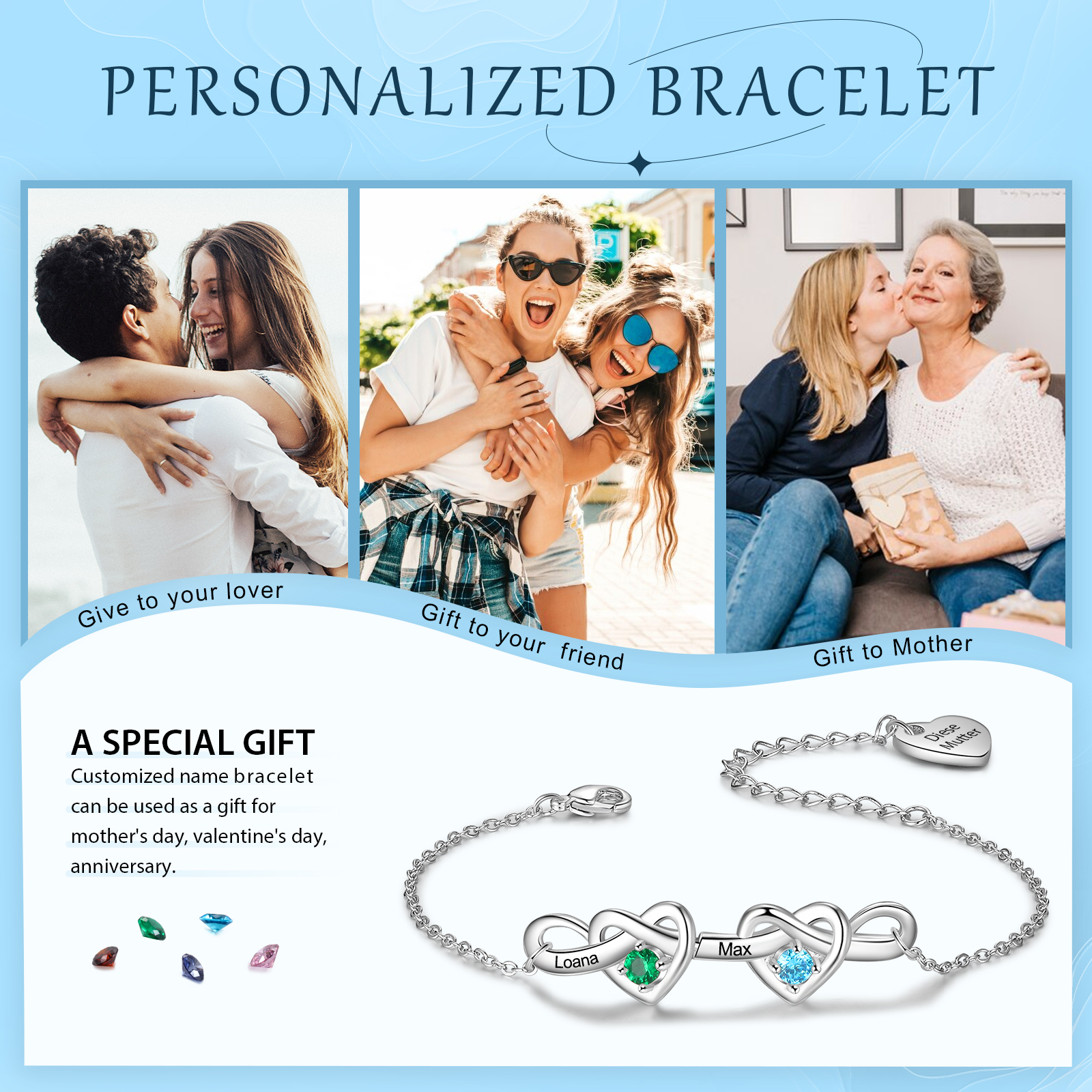 2 Names - Personalized Linked Heart Bracelet Custom 2 Birthstones Engraved Text Bracelets