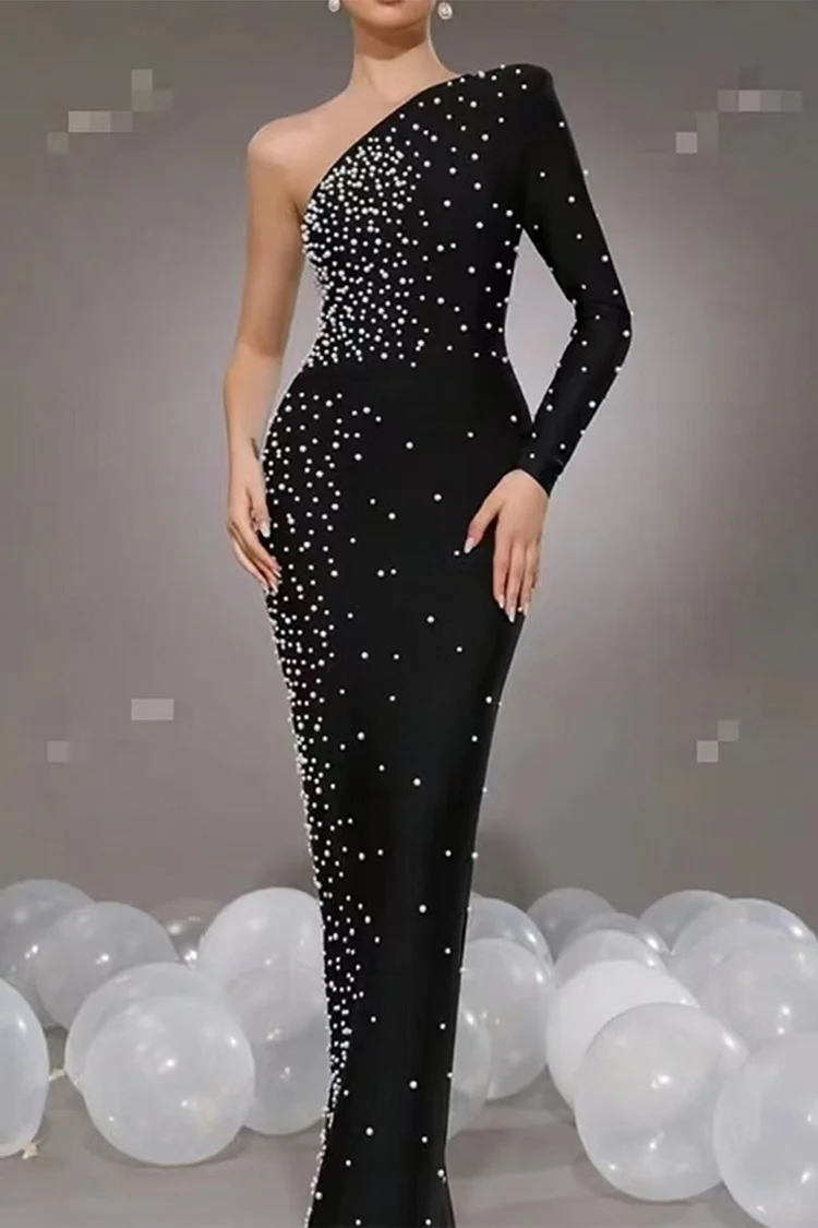 One Shoulder Pearl Embellished Bodycon Maxi Dress-Black
