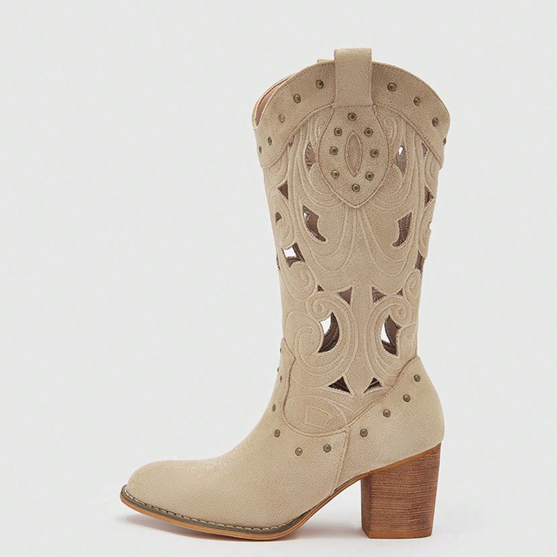 GOOSHOE Chunky Heel Vegan Suede Western Boots With Hollow And Rivets Pointed Toe