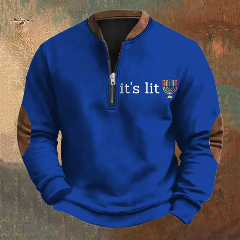 Men's Hanukkah Print Long Sleeve Zip Casual Sweatshirt
