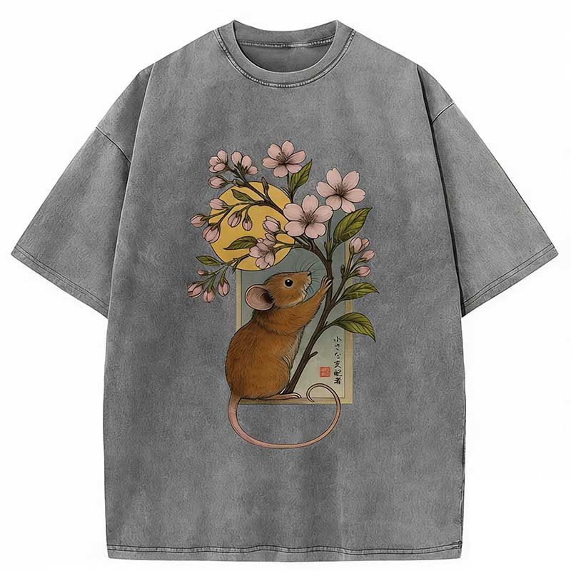 Young Mice And Sakura Washed T-shirt elevenforest
