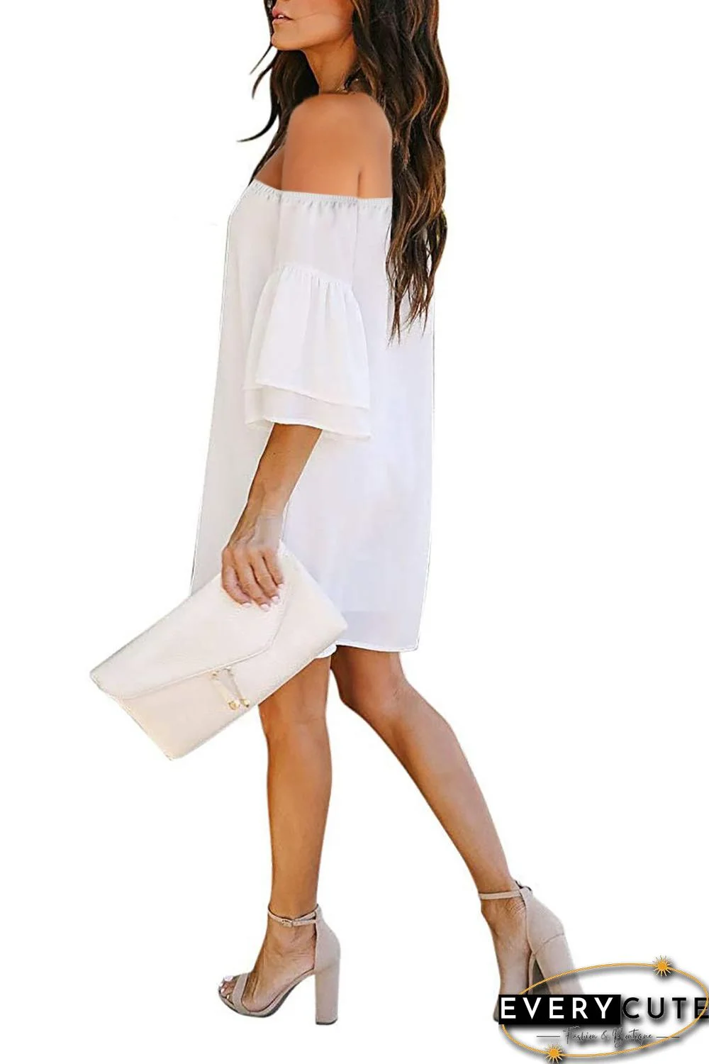 White Off Shoulder Ruffled Sleeve Shift Dress