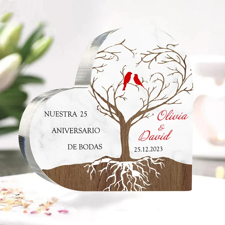 Navidad-Placa de acrílico en forma de corazón aniversario de bodas con número, fecha y nombres personalizados