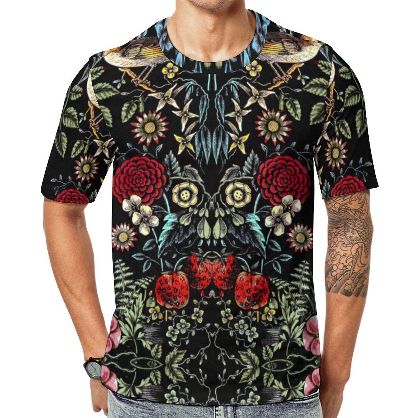Black Red Vintage Flower Garden Short Sleeve Print Unisex Tshirt Summer Casual Tees for Men and Women Coolcoshirts