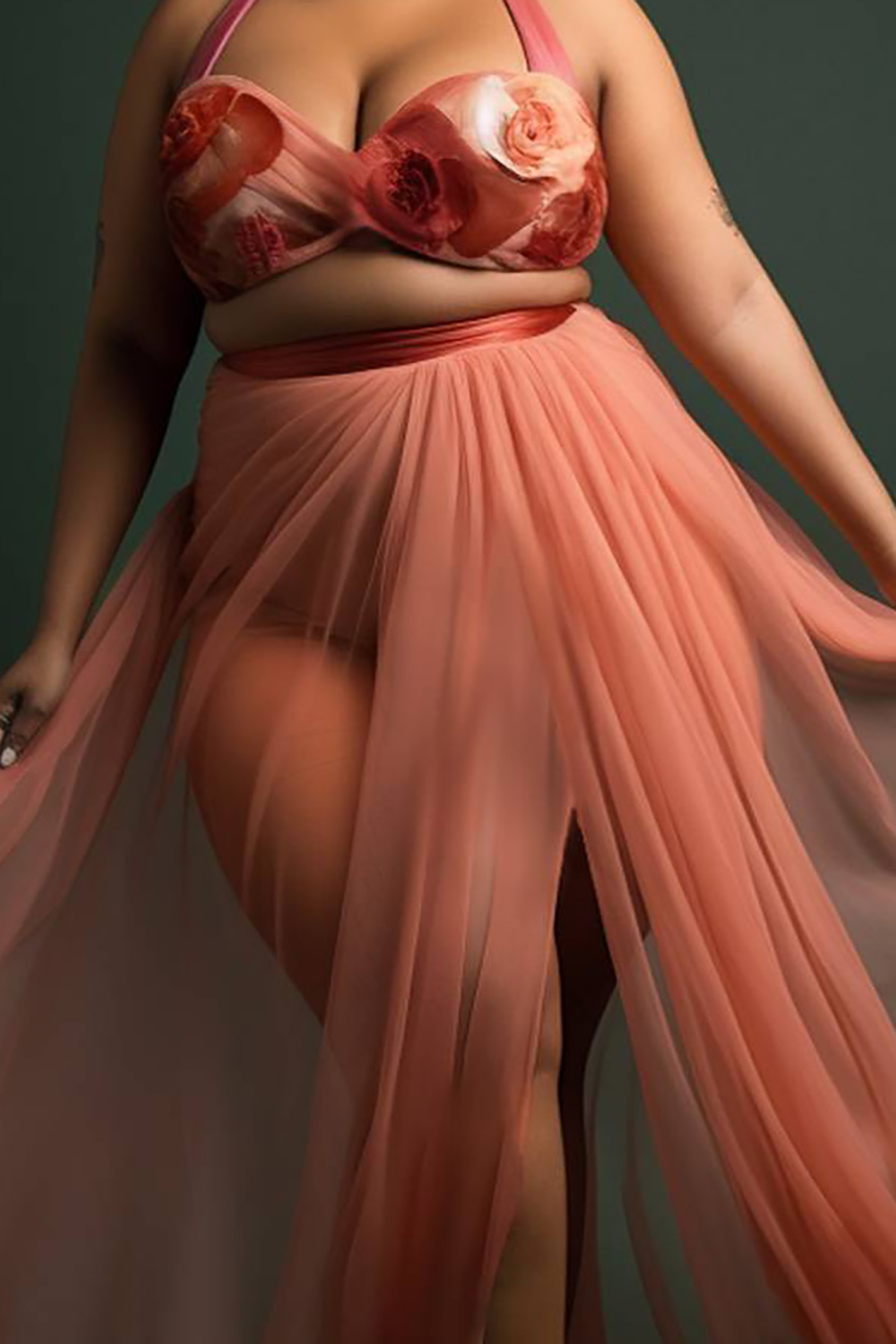 Design Plus Size Beach Pink Floral Tulle Two Pieces Swimsuit Cover Ups Set [Pre-Order]