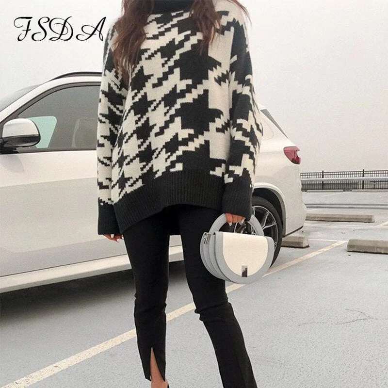 Long Sleeve Autumn Winter Oversized Sweater Dress Women Turtleneck Black Casual Knit Mini Houndstooth Sexy Party Dresses