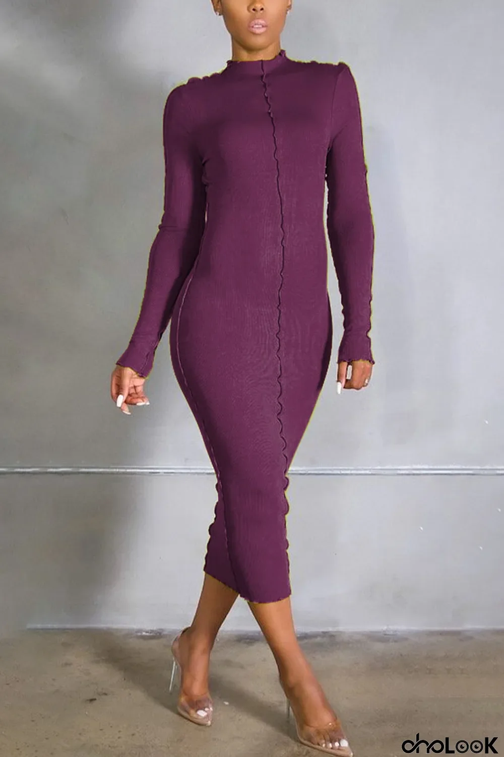 purple Casual Solid Half A Turtleneck Wrapped Skirt Dresses