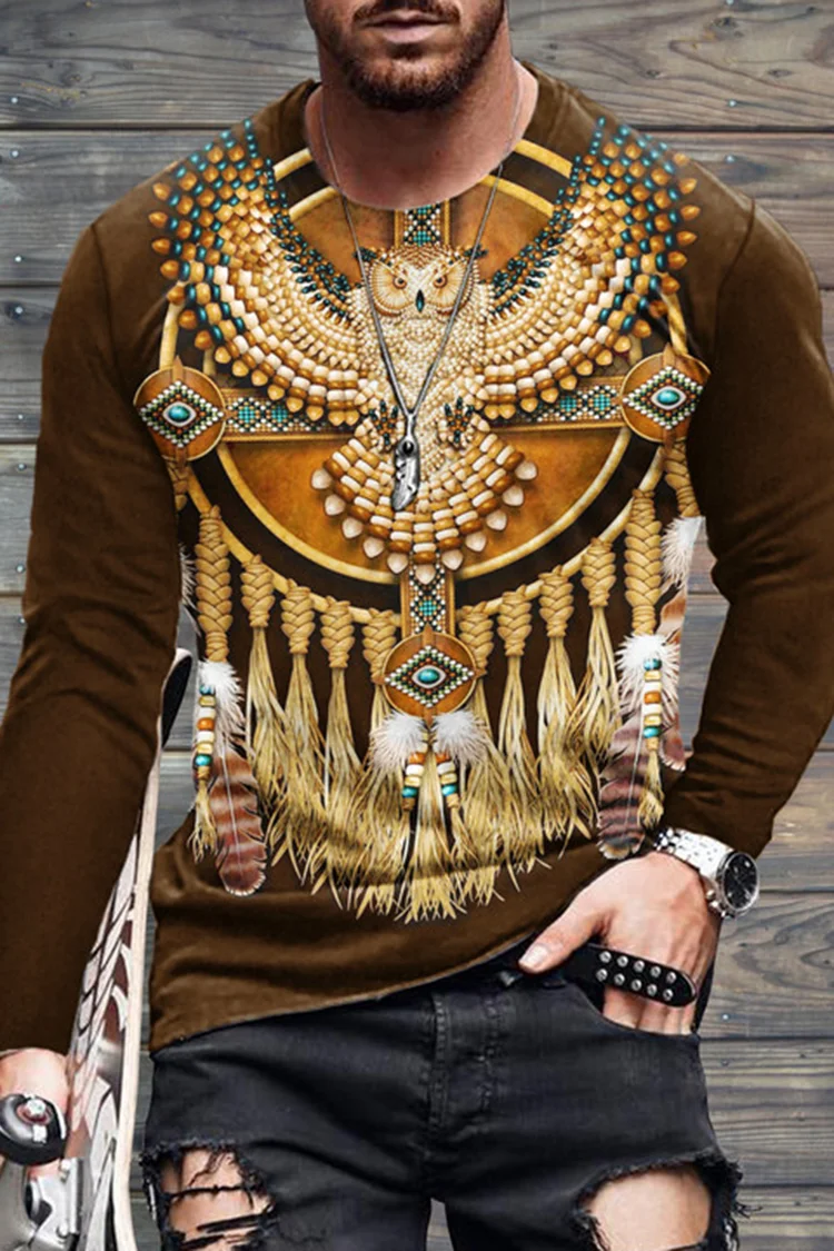 BrosWear Crew Neck Tribal Western Long Sleeve T-Shirt